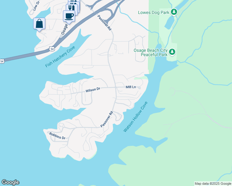 map of restaurants, bars, coffee shops, grocery stores, and more near 615-695 Passover Road in Osage Beach