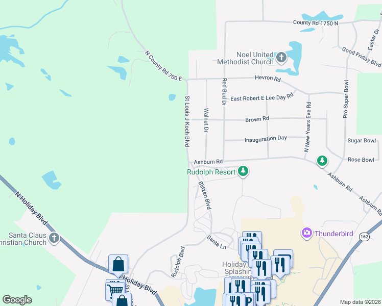 map of restaurants, bars, coffee shops, grocery stores, and more near 1-17 N County Road 700 East in Santa Claus