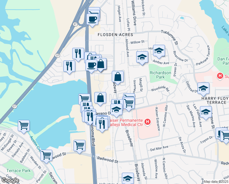map of restaurants, bars, coffee shops, grocery stores, and more near 1757 Broadway in Vallejo