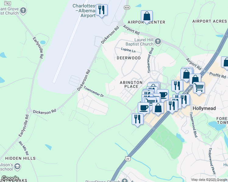 map of restaurants, bars, coffee shops, grocery stores, and more near 2922 Templehof Court in Earlysville