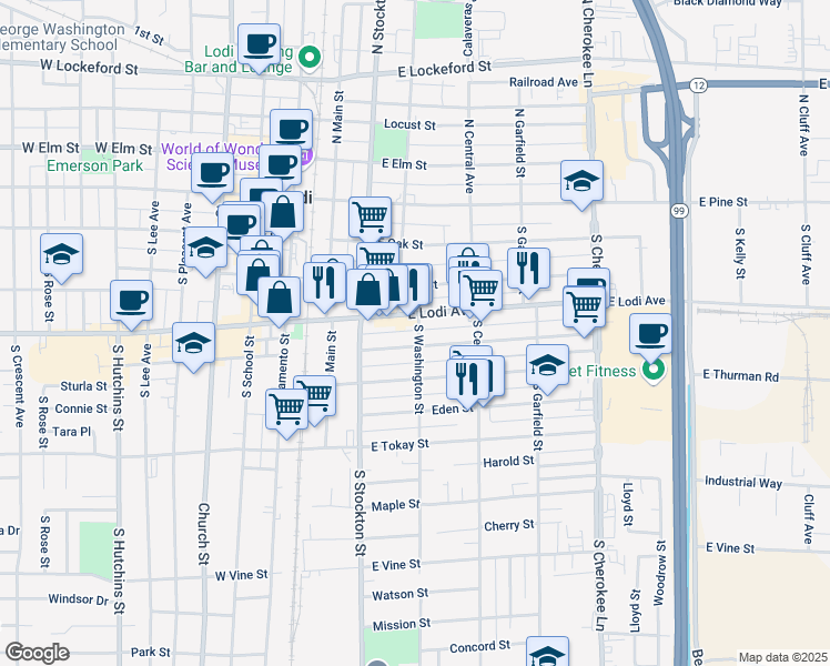 map of restaurants, bars, coffee shops, grocery stores, and more near 315 South Washington Street in Lodi