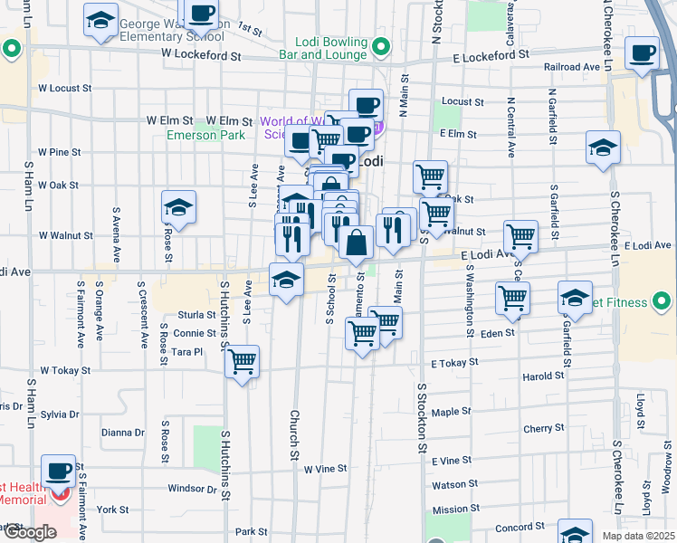 map of restaurants, bars, coffee shops, grocery stores, and more near 24 South School Street in Lodi