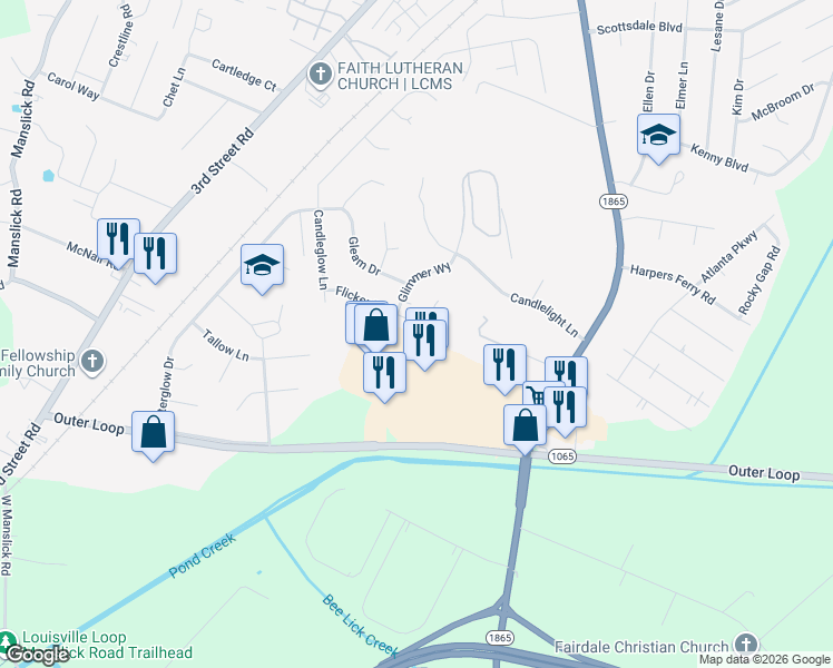 map of restaurants, bars, coffee shops, grocery stores, and more near 710 Flicker Road in Louisville