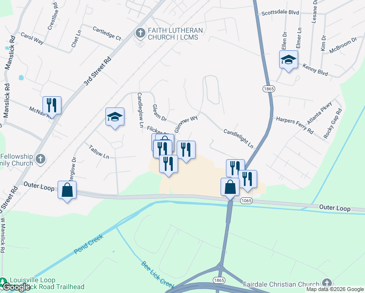 map of restaurants, bars, coffee shops, grocery stores, and more near 710 Flicker Road in Louisville