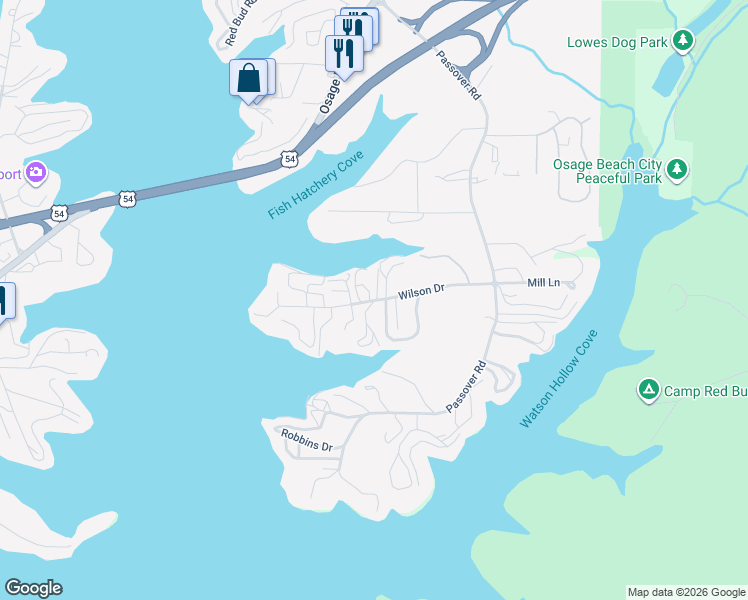map of restaurants, bars, coffee shops, grocery stores, and more near Wilson Drive in Osage Beach