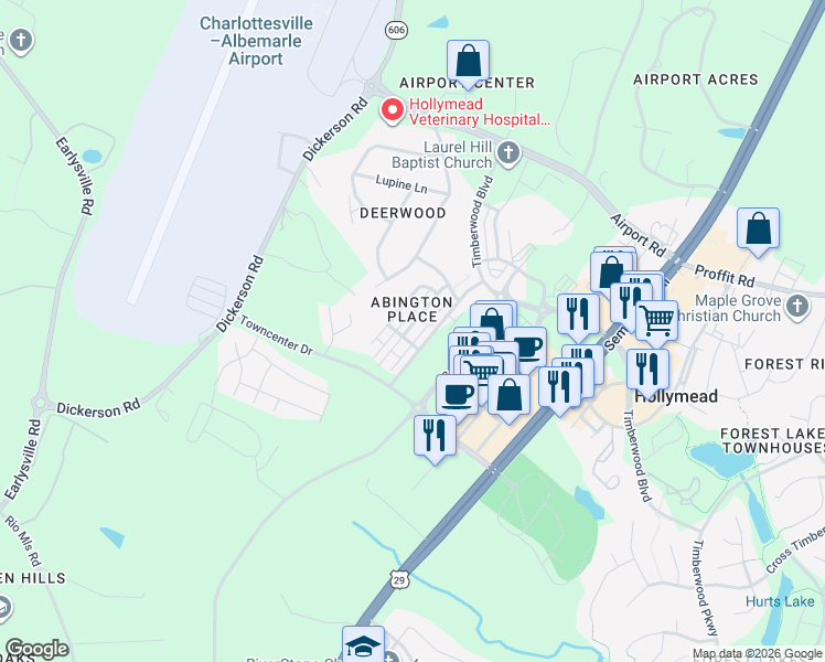 map of restaurants, bars, coffee shops, grocery stores, and more near 2383 Abington Drive in Charlottesville