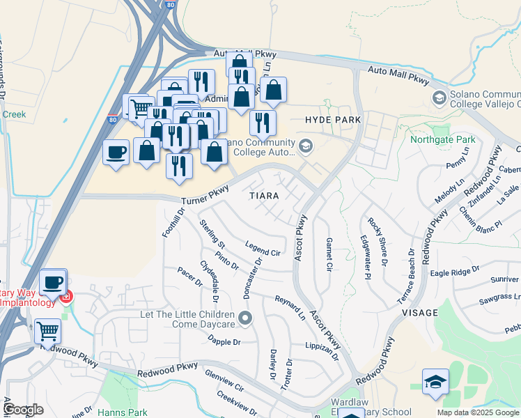 map of restaurants, bars, coffee shops, grocery stores, and more near 8605 Fountain Blue Court in Vallejo