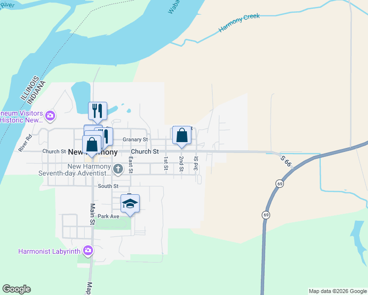 map of restaurants, bars, coffee shops, grocery stores, and more near 1004 Church Street in New Harmony