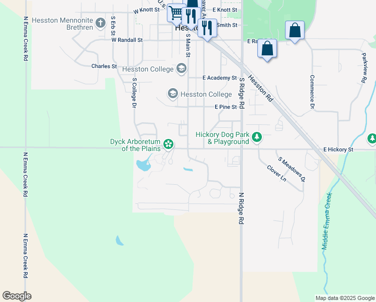 map of restaurants, bars, coffee shops, grocery stores, and more near 530 South Main Street in Hesston