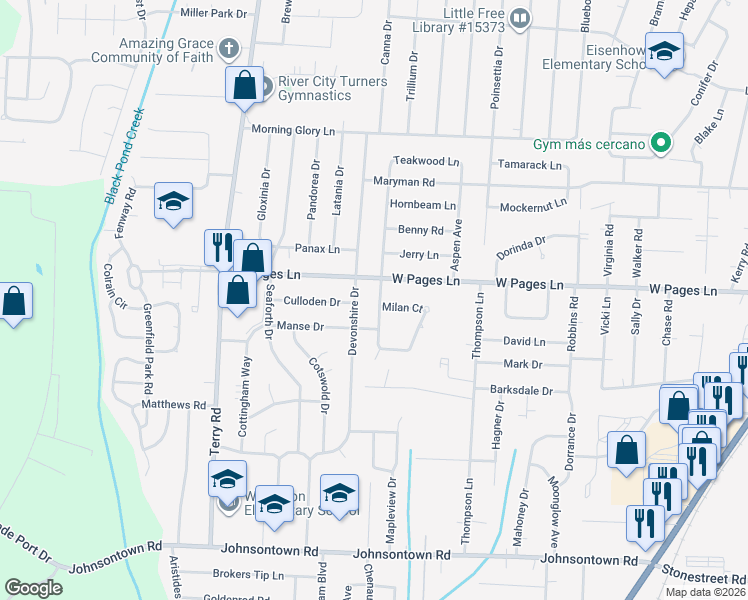 map of restaurants, bars, coffee shops, grocery stores, and more near 8406 Madrone Avenue in Louisville