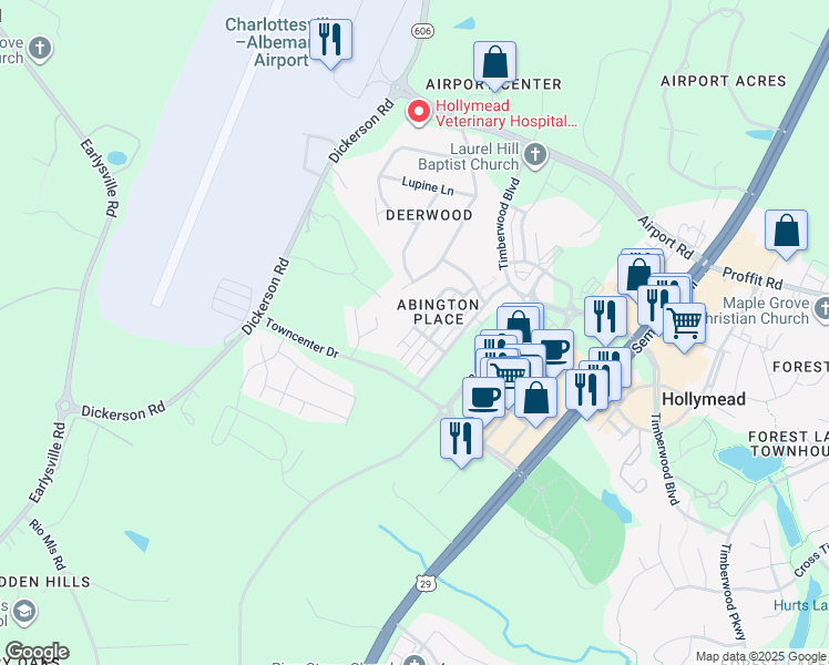 map of restaurants, bars, coffee shops, grocery stores, and more near 2733 Aldersgate Way in Charlottesville