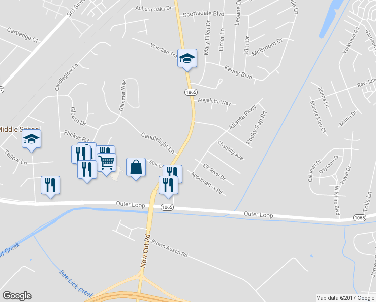 map of restaurants, bars, coffee shops, grocery stores, and more near 5839 New Cut Road in Louisville