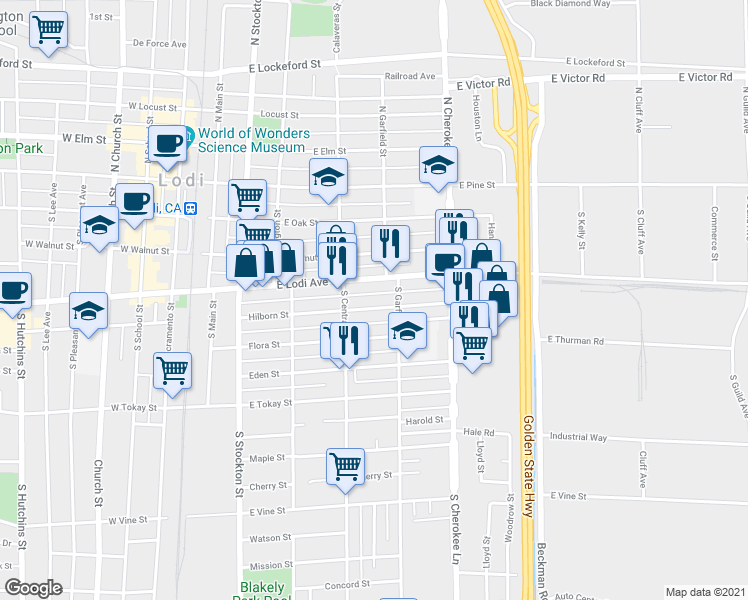 map of restaurants, bars, coffee shops, grocery stores, and more near 413 Hilborn Street in Lodi