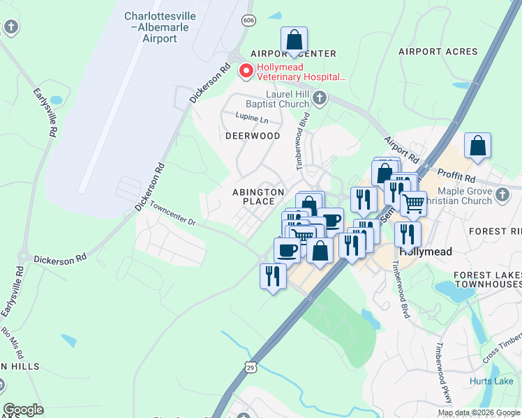 map of restaurants, bars, coffee shops, grocery stores, and more near 2383 Abington Drive in Charlottesville