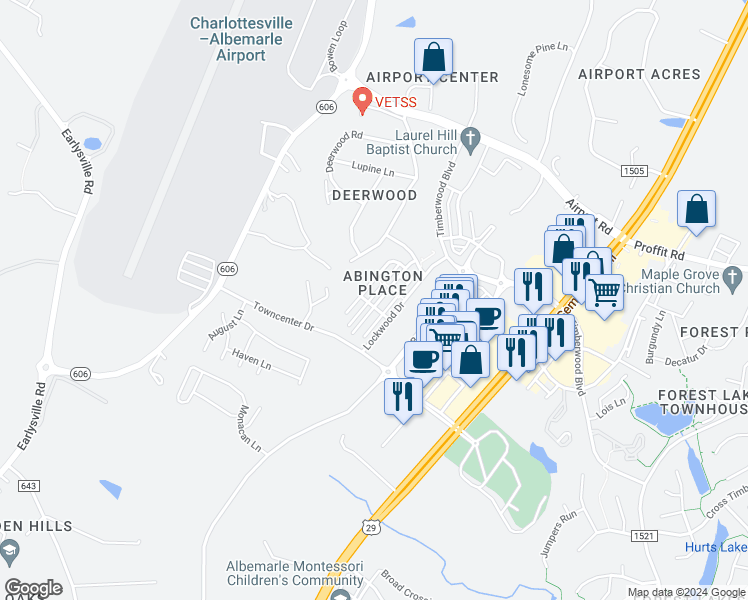 map of restaurants, bars, coffee shops, grocery stores, and more near 2386 Abington Drive in Charlottesville