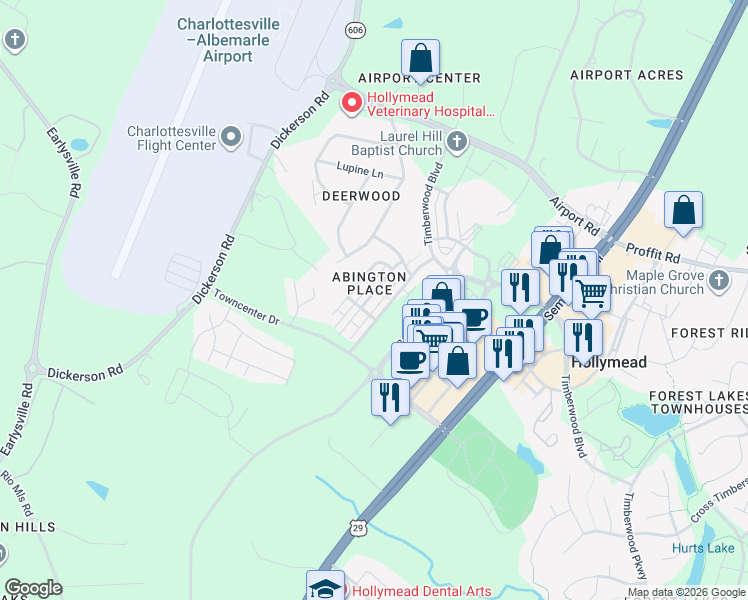 map of restaurants, bars, coffee shops, grocery stores, and more near 2383 Abington Drive in Charlottesville