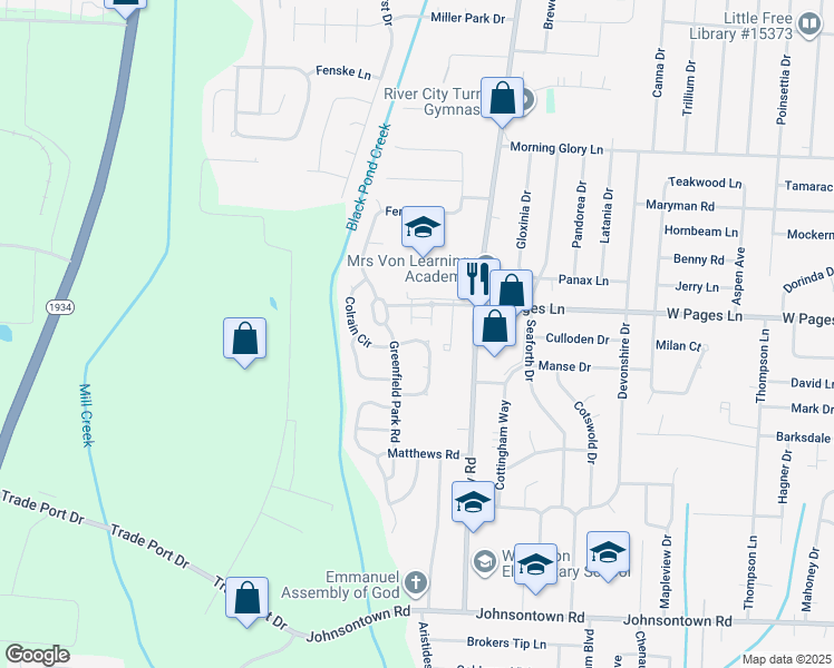 map of restaurants, bars, coffee shops, grocery stores, and more near 7009 Shutesbury Circle in Louisville