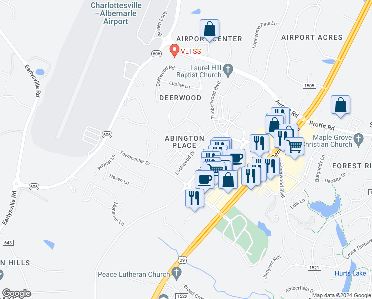 map of restaurants, bars, coffee shops, grocery stores, and more near 2379 Abington Drive in Charlottesville