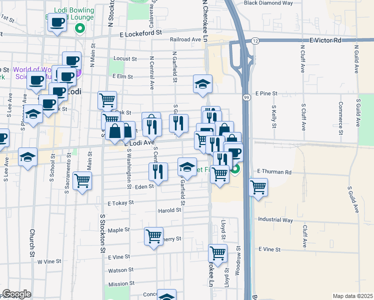 map of restaurants, bars, coffee shops, grocery stores, and more near 493 Hilborn Street in Lodi