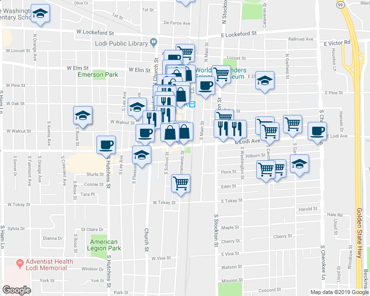 map of restaurants, bars, coffee shops, grocery stores, and more near 123 East Pine Street in Lodi