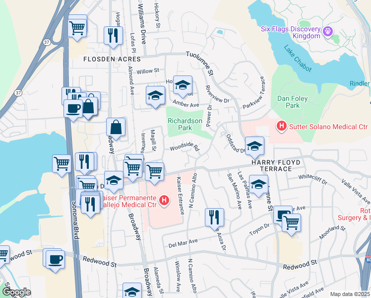 map of restaurants, bars, coffee shops, grocery stores, and more near 1101 North Camino Alto in Vallejo