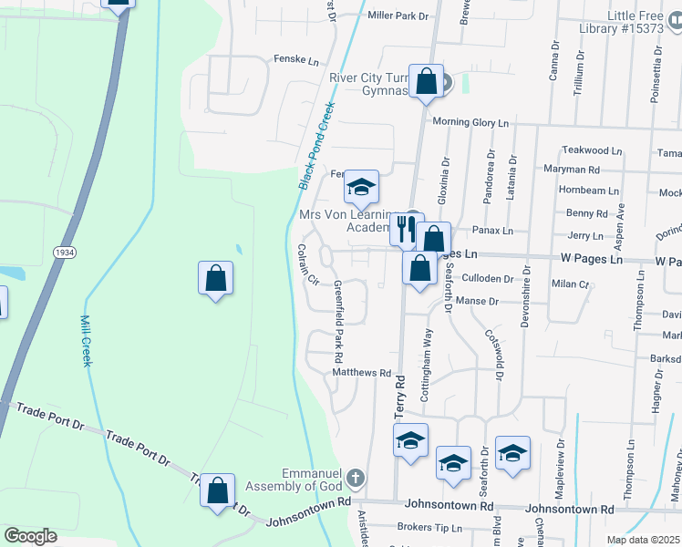map of restaurants, bars, coffee shops, grocery stores, and more near 10203 Greenfield Park Road in Louisville