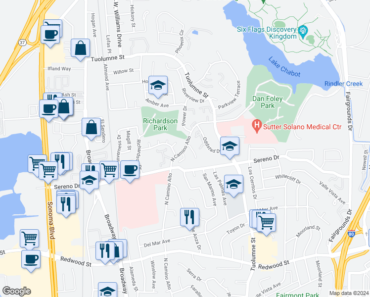map of restaurants, bars, coffee shops, grocery stores, and more near 1231 North Camino Alto in Vallejo