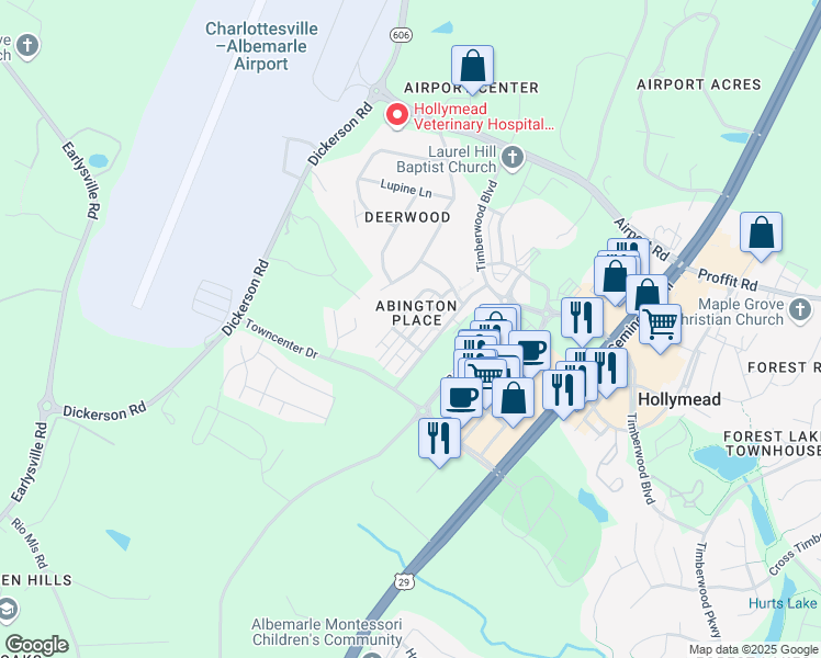 map of restaurants, bars, coffee shops, grocery stores, and more near 2382 Abington Drive in Charlottesville