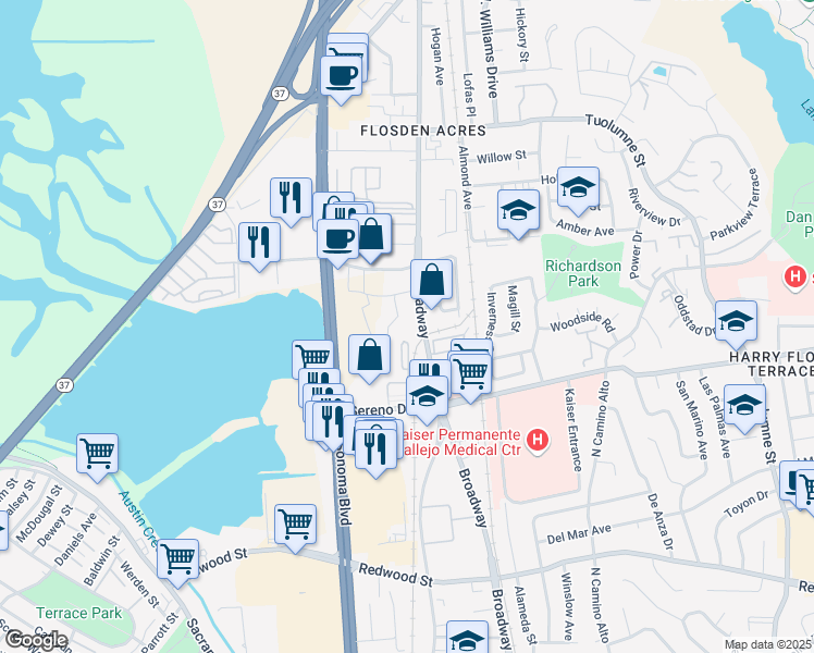 map of restaurants, bars, coffee shops, grocery stores, and more near 1757 Broadway St in Vallejo