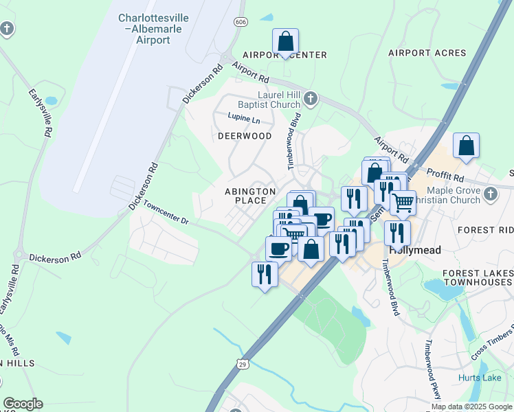 map of restaurants, bars, coffee shops, grocery stores, and more near 2373 Abington Drive in Charlottesville