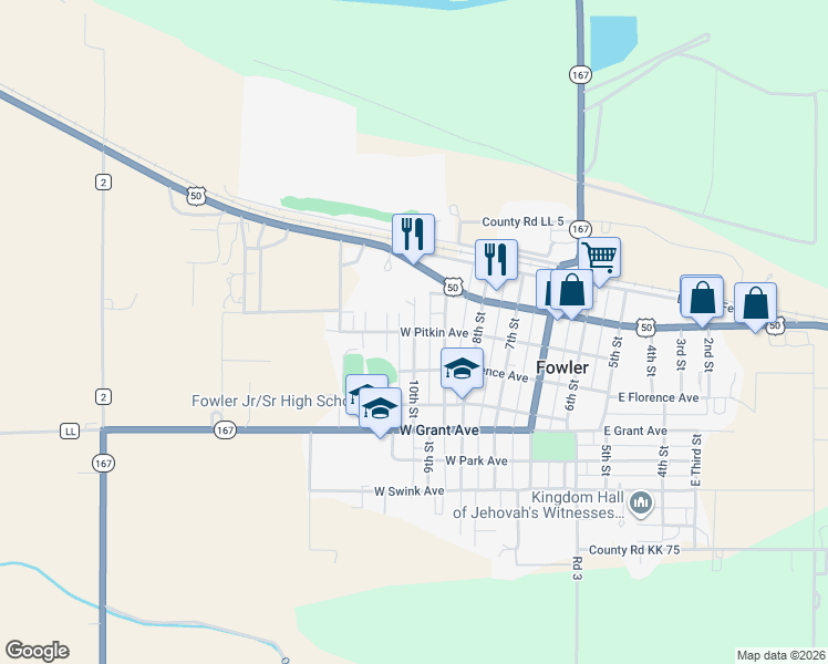 map of restaurants, bars, coffee shops, grocery stores, and more near 500 West Pitkin Avenue in Fowler