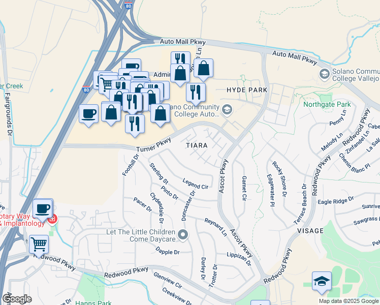 map of restaurants, bars, coffee shops, grocery stores, and more near 8608 Fountain Blue Court in Vallejo