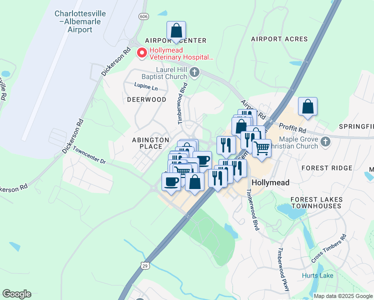 map of restaurants, bars, coffee shops, grocery stores, and more near 5007 Orchid Bend in Charlottesville
