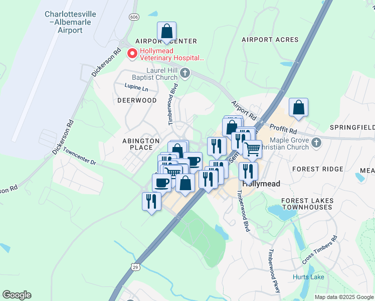 map of restaurants, bars, coffee shops, grocery stores, and more near 5007 Orchid Bend in Charlottesville