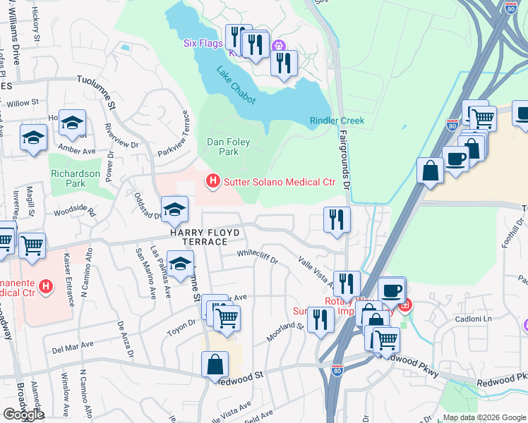 map of restaurants, bars, coffee shops, grocery stores, and more near 218 Franciscan Drive in Vallejo
