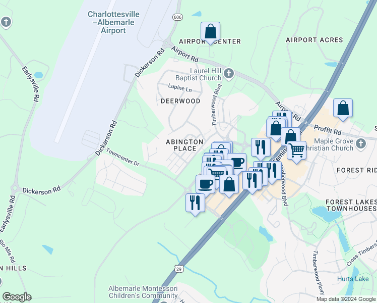 map of restaurants, bars, coffee shops, grocery stores, and more near 2373 Abington Drive in Charlottesville