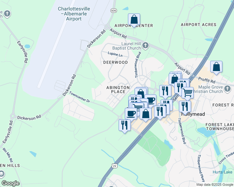 map of restaurants, bars, coffee shops, grocery stores, and more near 2380 Abington Drive in Charlottesville