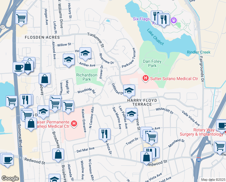 map of restaurants, bars, coffee shops, grocery stores, and more near 165 Oddstad Drive in Vallejo
