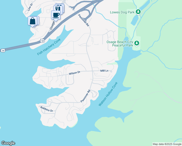 map of restaurants, bars, coffee shops, grocery stores, and more near 615-695 Passover Road in Osage Beach