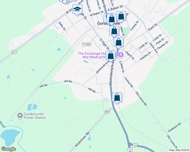 map of restaurants, bars, coffee shops, grocery stores, and more near 107 Holladay Avenue in Gordonsville
