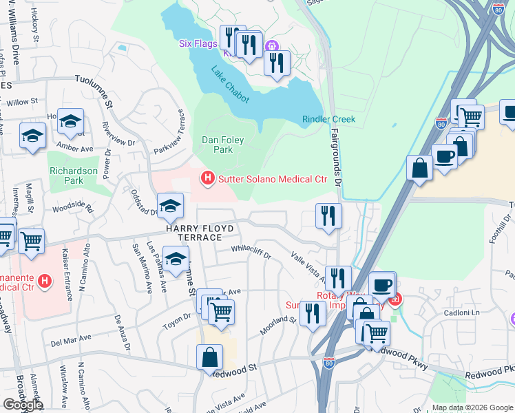map of restaurants, bars, coffee shops, grocery stores, and more near 218 Franciscan Drive in Vallejo