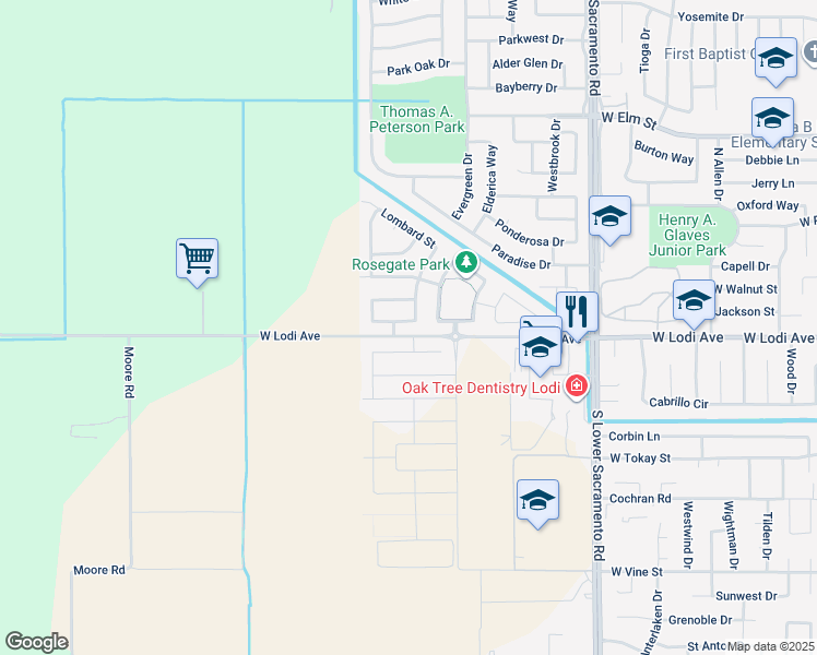 map of restaurants, bars, coffee shops, grocery stores, and more near 3020 Radiance Street in Lodi