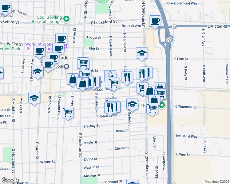 map of restaurants, bars, coffee shops, grocery stores, and more near 413 Hilborn Street in Lodi