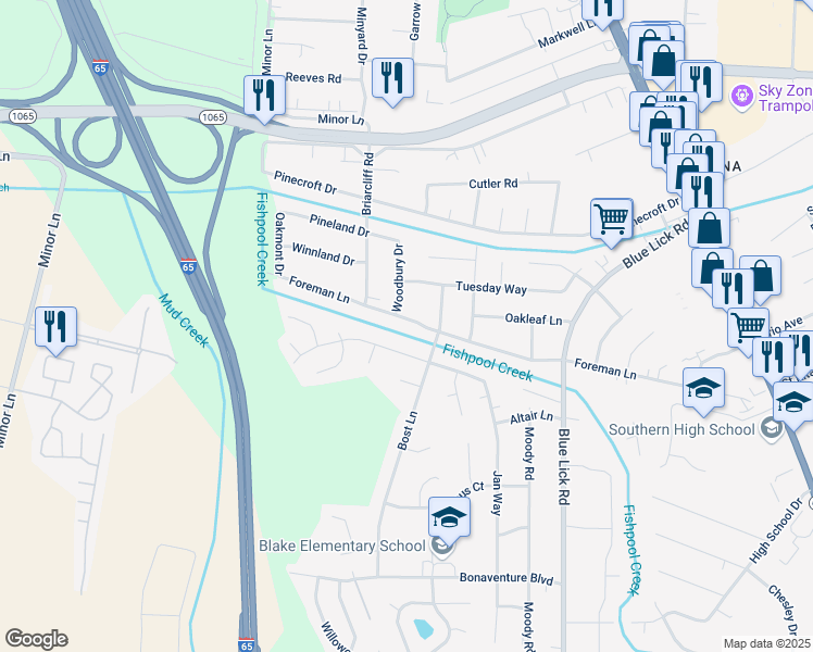 map of restaurants, bars, coffee shops, grocery stores, and more near 3616 Foreman Lane in Louisville