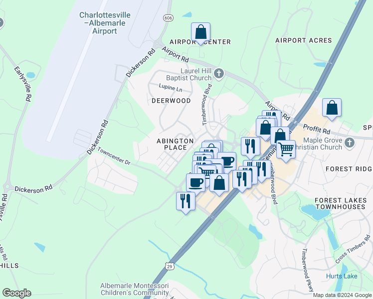 map of restaurants, bars, coffee shops, grocery stores, and more near 2072 Lockwood Drive in Charlottesville