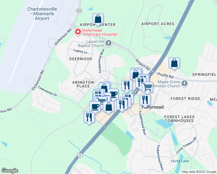 map of restaurants, bars, coffee shops, grocery stores, and more near 5029 Orchid Bend in Charlottesville