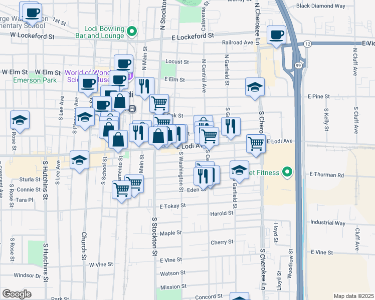 map of restaurants, bars, coffee shops, grocery stores, and more near 315 South Washington Street in Lodi