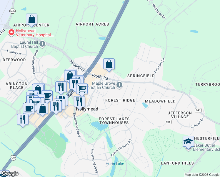 map of restaurants, bars, coffee shops, grocery stores, and more near 3212 County Road 649 in Charlottesville