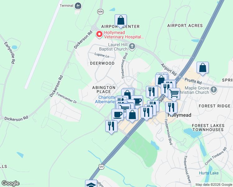 map of restaurants, bars, coffee shops, grocery stores, and more near in Albemarle County