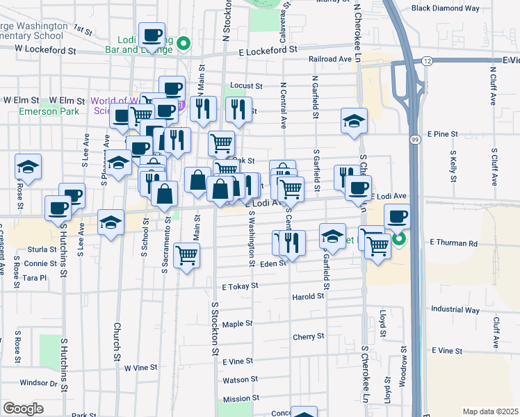 map of restaurants, bars, coffee shops, grocery stores, and more near 308 East Lodi Avenue in Lodi